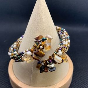 Beaded Cuff Bracelet with Natural Stone Chips in Gold Tones